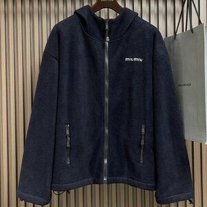 MIUMIU Solid Color Fleece Hooded Zip-Up Sweatshirt